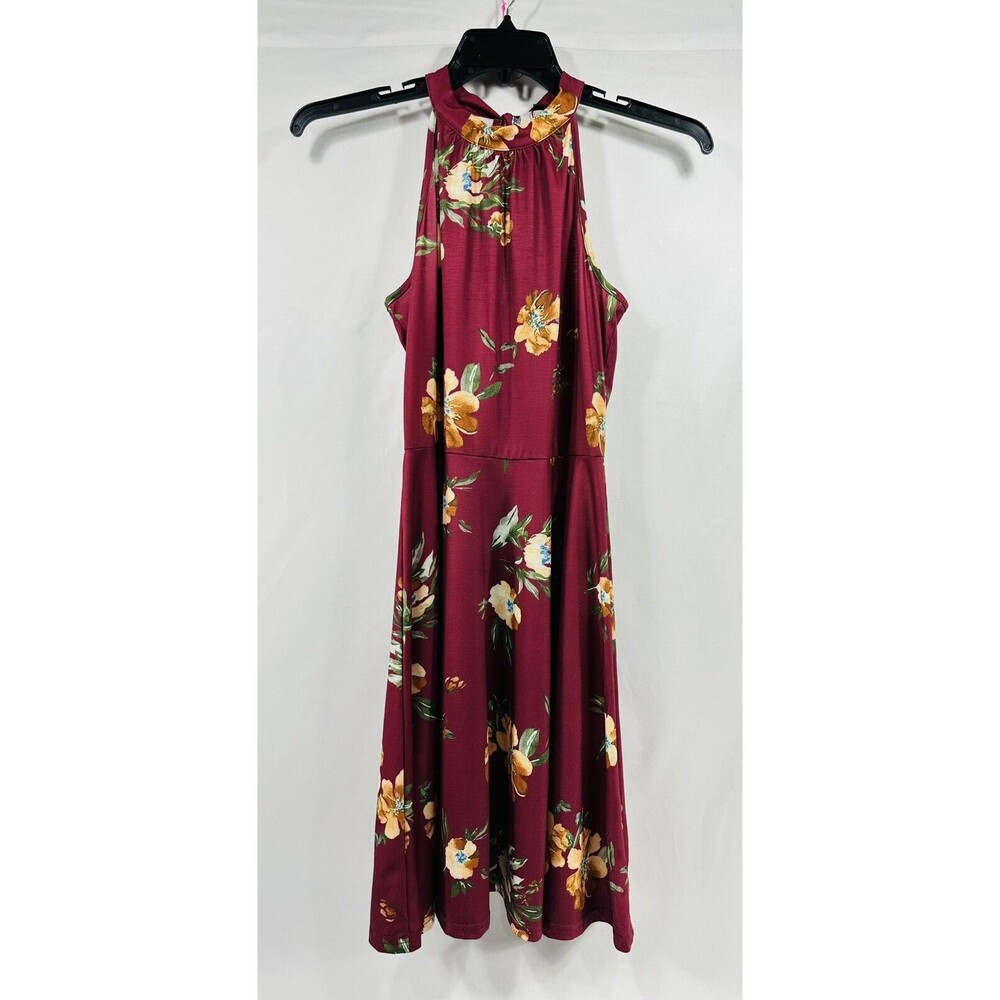 Ouges Sz M Stretch Cot Tie-Neck Floral Flare Dress Women's Mini Cotton Summer - Picture 2 of 10